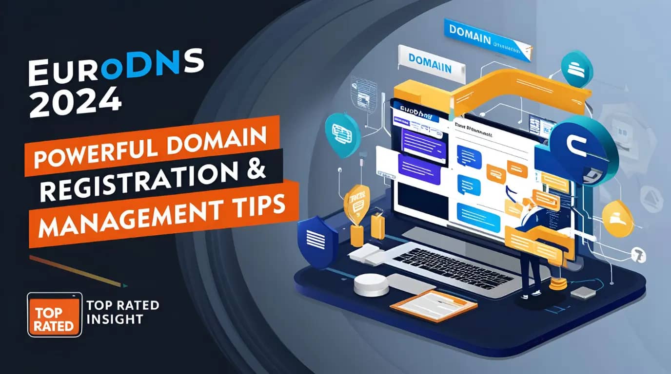 EuroDNS 2024 thumbnail showcasing powerful domain registration and management tips with Top Rated Insight logo